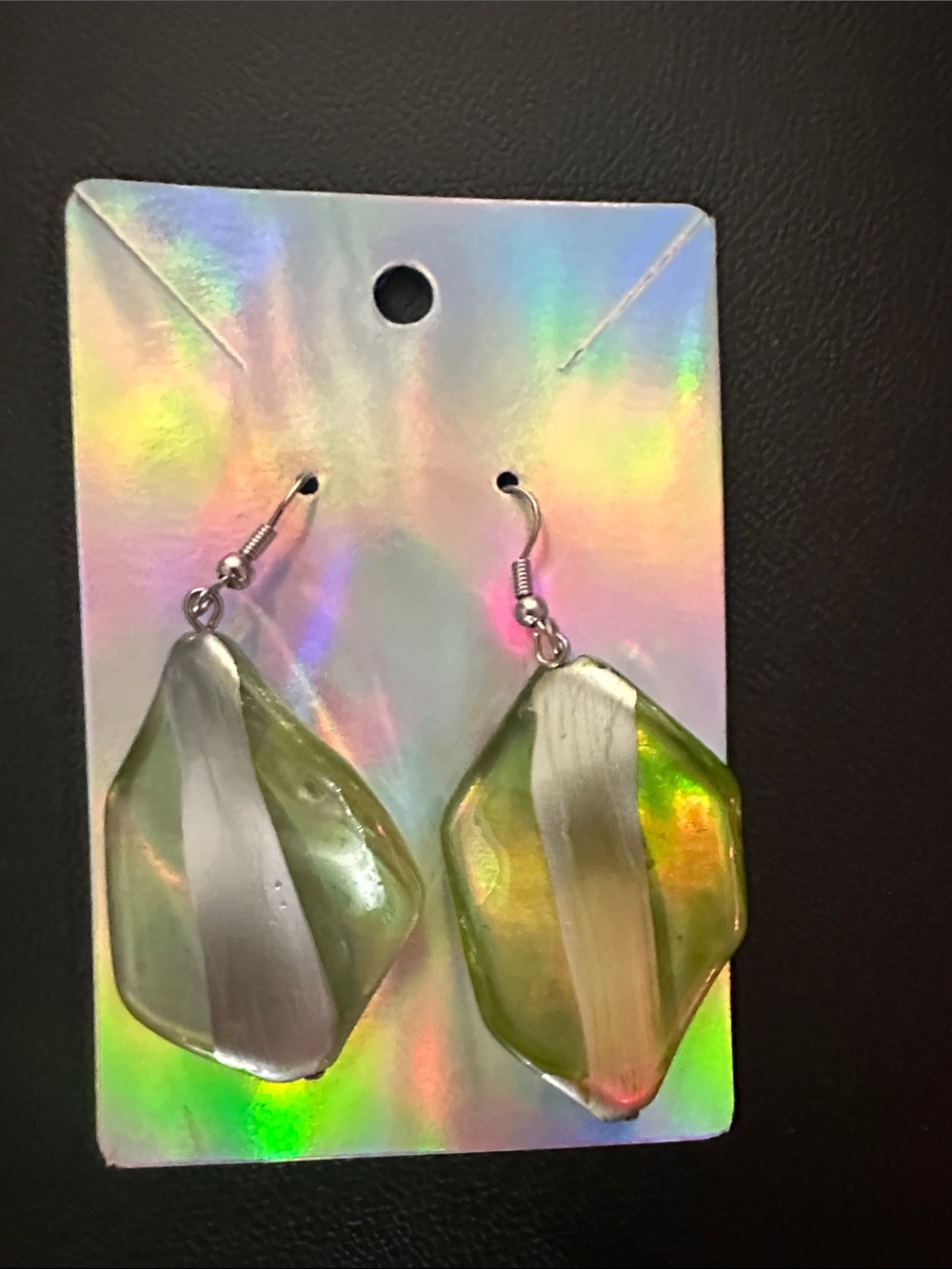 Iridescent Green Glass Dangle Earrings with Silver Accent